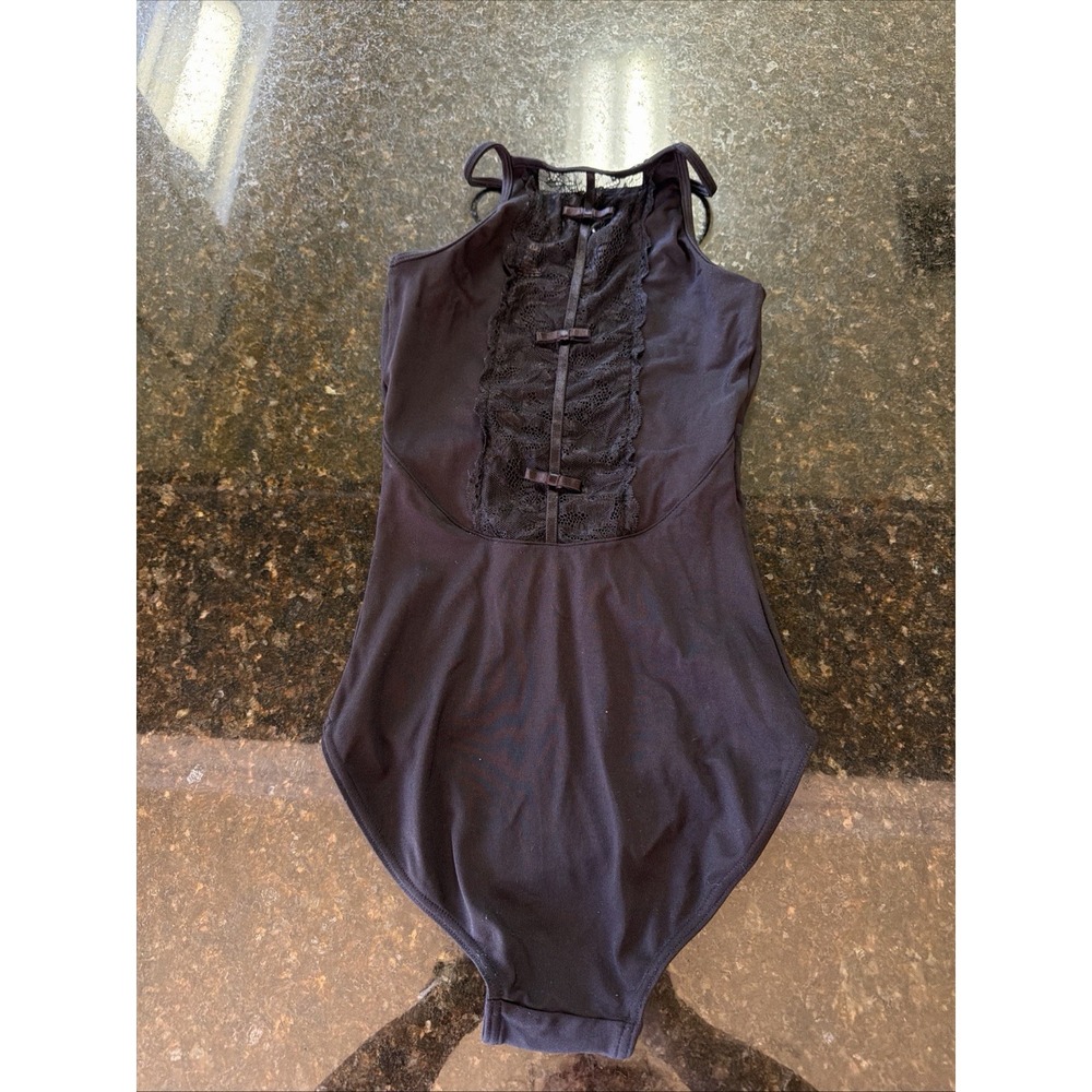 Mirella Dance Leotard Women's Sz Sm Black Ballet Lace Bows High Neck Jazz